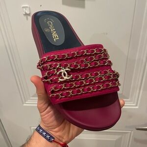 CHANEL Burgundy Suede Slide with Gold Chain & CC Charm